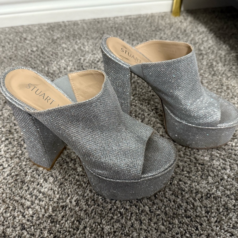 Stuart Weitzman Silver Platform Mules with Glitter